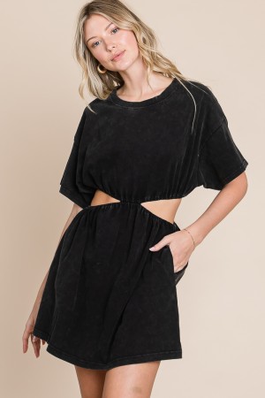 ED5120<br/>WASHED T-SHIRT DRESS WITH SIDE WAIST CUTOUTS