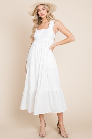 ED5188<br/>FLARE MIDI DRESS WITH BACK TIE DETAIL, POCKETS, AND RUFFLED STRAP