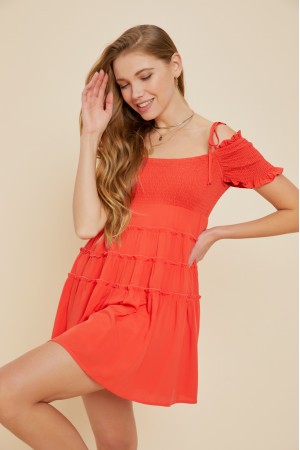 ED5212<br/>OFF-SHOULDER, SMOCKED BUST AND SLEEVES MINI FLARE DRESS WITH TIERED RUFFLES, LINING, AND SIDE POCKETS