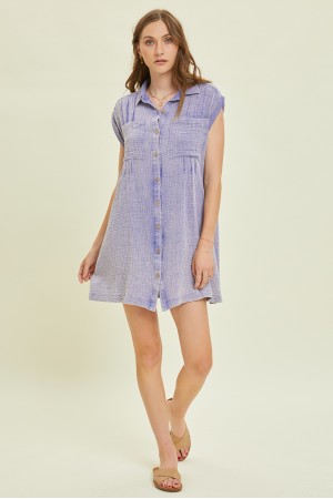 ED5299<br/>MINERAL-WASHED OVERSIZED GAUZE BUTTON-DOWN SHIRT DRESS WITH PIN TUCKS, POCKETS, AND CAP SLEEVES