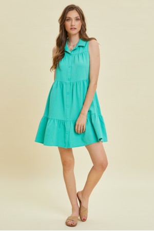 ED5302<br/>SLEEVELESS TEXTURED WOVEN TIERED RUFFLED FLARE BUTTON-DOWN DRESS WITH POCKETS