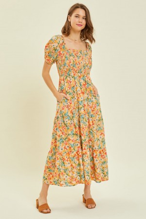 ED5327P<br/>PUFF SLEEVED SMOCKED BUST FLARE MIDI FLORAL DRESS IN SQUARE NECK
