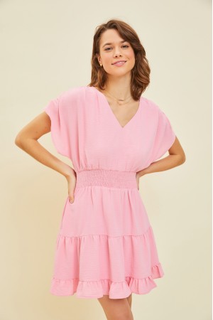 ED5336<br/>THE PERFECT LOVELY MINI DRESS FEATURED IN SUPER SOFT FABRICATION WITH TIERED RUFFLES, SMOCKED WAIST, & POCKETS