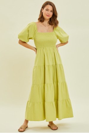 ED5357<br/>PUFF SLEEVED TIERED RUFFLED POPLIN DRESS FEATURED IN SQUARE NECK AND WITH POCKETS
