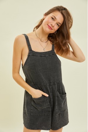 ER1060-A<br/>WASHED GAUZE OVERALL STYLE ROMPER WITH FRONT POCKETS