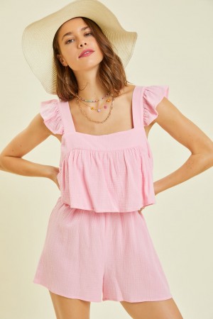 ER1064-A<br/>GAUZE SQUARE NECK ROMPER WITH MINI RUFFLES ON THE SHOULDER AND BACK BUTTON DETAIL