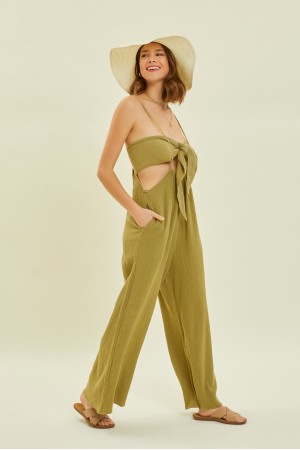 ER1085<br/>MINERAL-WASHED GAUZE OVERALL WITH FRONT TIE BANDOU AND POCKETS