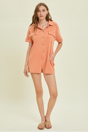 ER1105P<br/>TIMELESS STAPLE, STRETCHY MINERAL-WASHED UTILITY ROMPER IN RIB FABRICATION WITH BUTTON-DOWN DETAILS