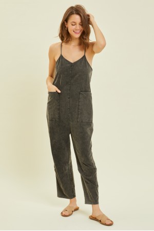 ER1109<br/>MINERAL-WASHED OVERSIZED CASUAL JUMPSUIT WITH LARGE POCKETS