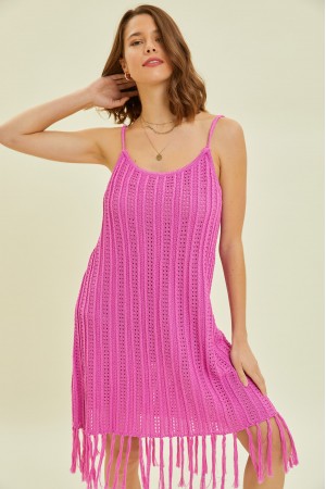 ESW1156<br/>TEXTURED, SHEER SWEATER TANK DRESS WITH FRINGES ON HEM