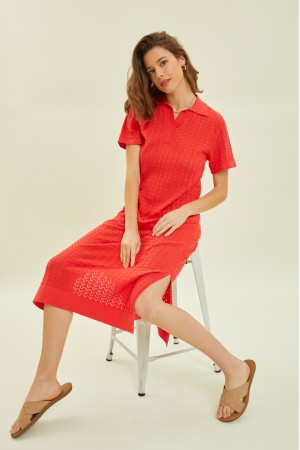 ESW1162<br/>SEMI-SHEER CASUAL COLLARED SWEATER MIDI DRESS WITH SIDE SLITS