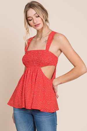 ET1453<br/>SMOCKED BUST, WAIST CUTOUT FLORAL TANK TOP WITH LINING INSIDE