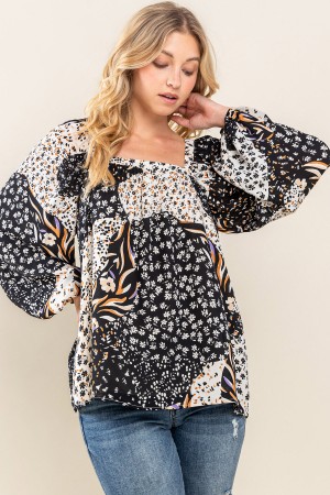 ET1677<br/>PRINT MIXED BLOUSE WITH SQUARE NECK, BALLOON SLEEVES, AND BACK TIE DETAIL