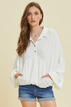 ET1760<br/>LIGHTWEIGHT PLISSE PULLOVER WITH BIG FRONT POCKET, BUTTON-DOWN DETAIL, AND DOLMAN SLEEVES