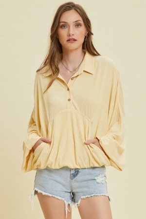 ET1760P<br/>LIGHTWEIGHT PLISSE PULLOVER WITH BIG FRONT POCKET, BUTTON-DOWN DETAIL, AND DOLMAN SLEEVES