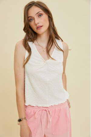 ET1768<br/>TEXTURED SLEEVELESS TANK TOP WITH MERROW HEM AND KNOTTED FRONT DETAIL