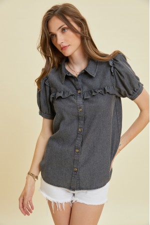 ET1780P<br/>MINERAL-WASHED LIGHTWEIGHT DENIM SHIRT WITH PUFF SLEEVES AND MINI RUFFLES